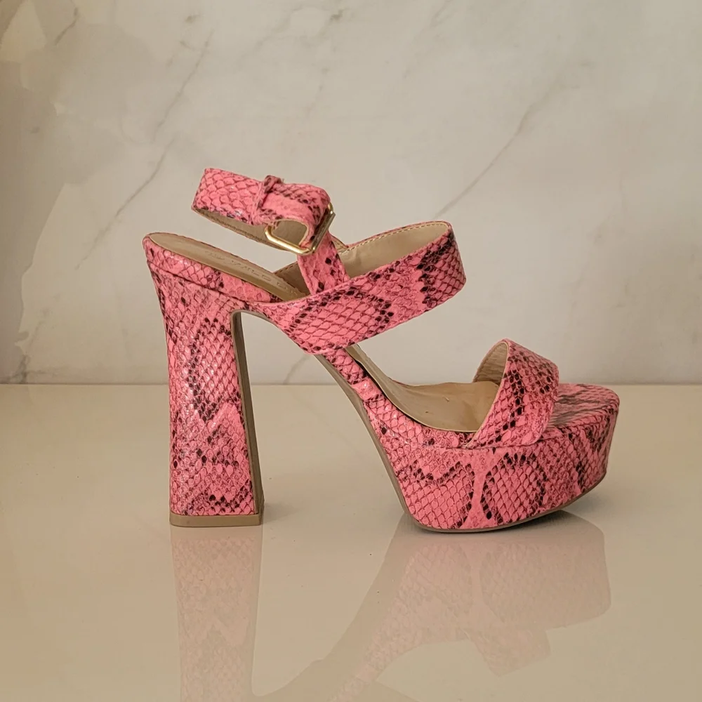 Wild Diva | Pink Python Snake Print Open toe Platform Anklestrap heels Size 7.5